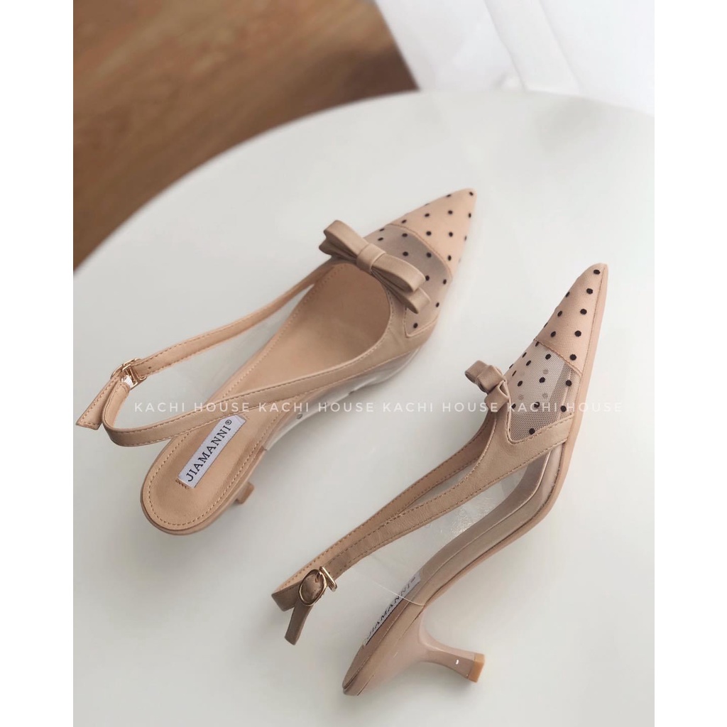 Giày cao gót nữ mũi nhọn 7p lưới châm bi tiểu thư, dáng slingback xinh xắn thoáng chân