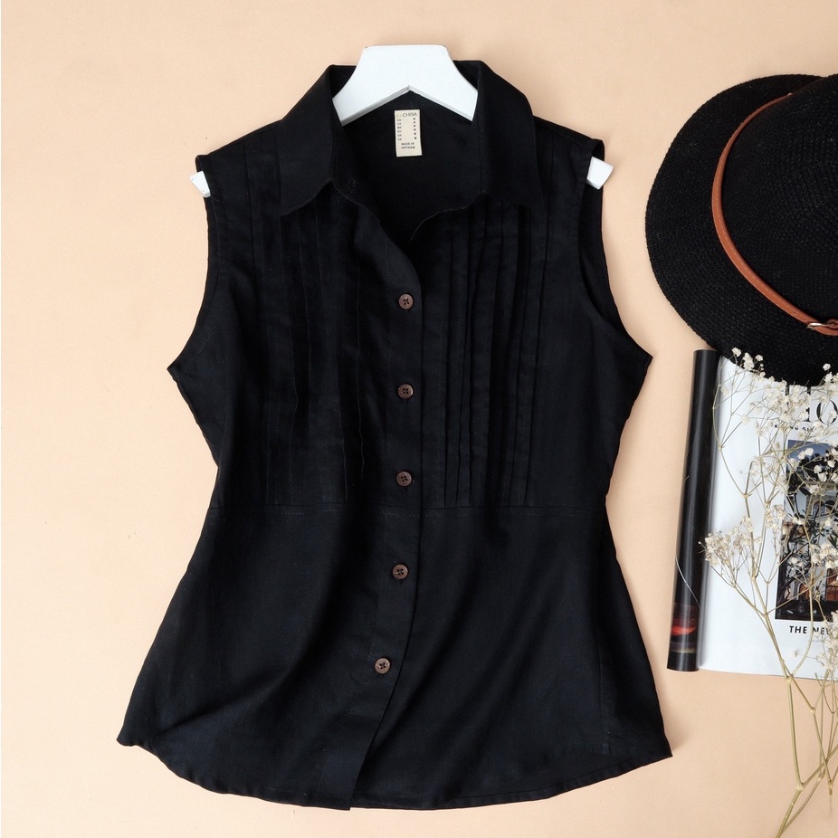 Áo sơ mi linen sát nách KACHISA phối li màu đen