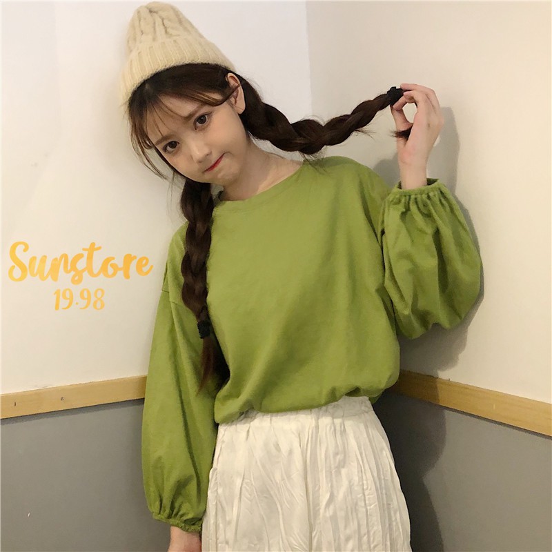 Áo thun trơn tay dài tay áo bo chun Ulzzang