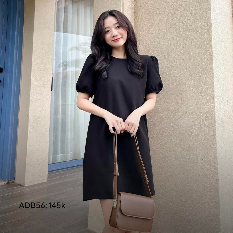 Đầm dáng suông rộng thắt dây nơ lưng tay phồng cổ tròn CHIBEST ADB56