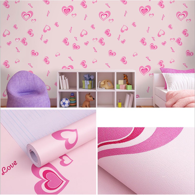 Cuộn 10m giấy dan tường trái tim hồng khô rộng 45cm