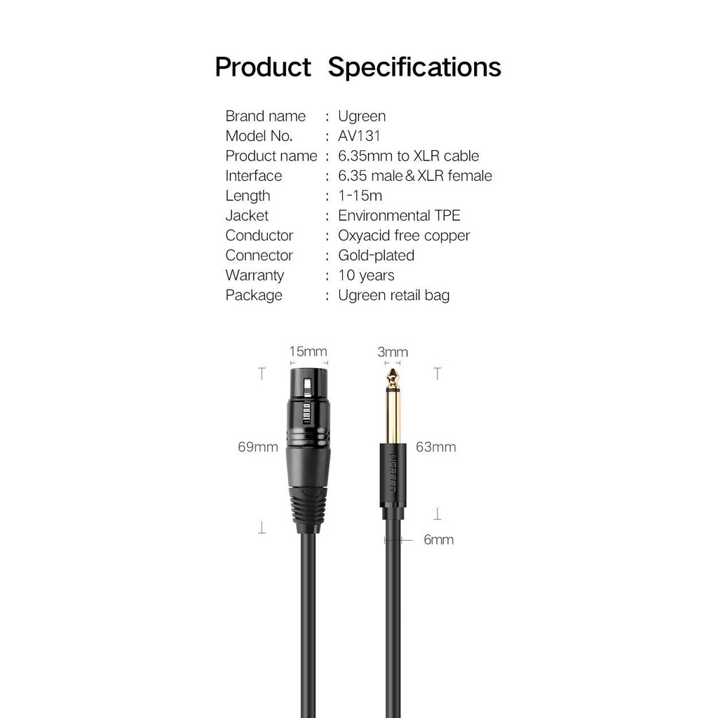 Cáp Chuyển Âm Thanh 6.5mm Ra XLR Microphone Dài 1M Ugreen 20717 Chính Hãng