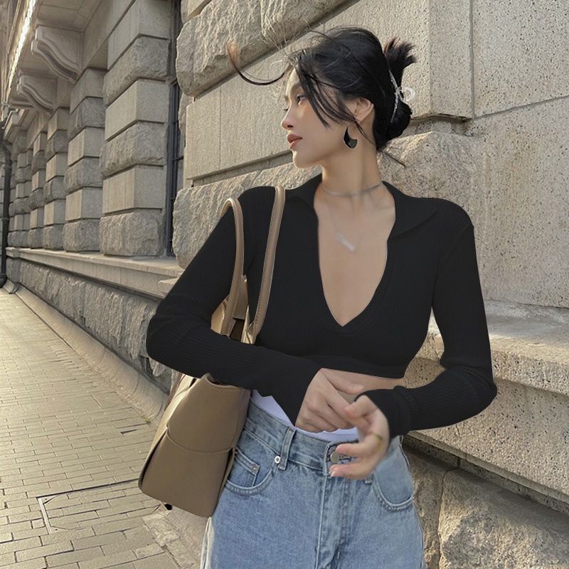 Áo Dệt Kim Tay Dài Cổ Chữ V Hở Lưng Màu Sắc Đơn Giản Phong Cách Retro Dành Cho Nữ