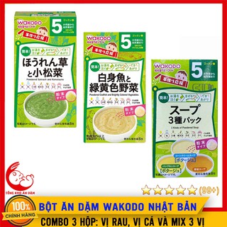COMBO 3 Hộp Bột Ăn Dặm Wakodo Nhật Bản 3 Vị Rau Bina, Vị Cá Tuyết Và Mix 3 Vị Cho Bé Từ 5M+ (Date 08/2021)