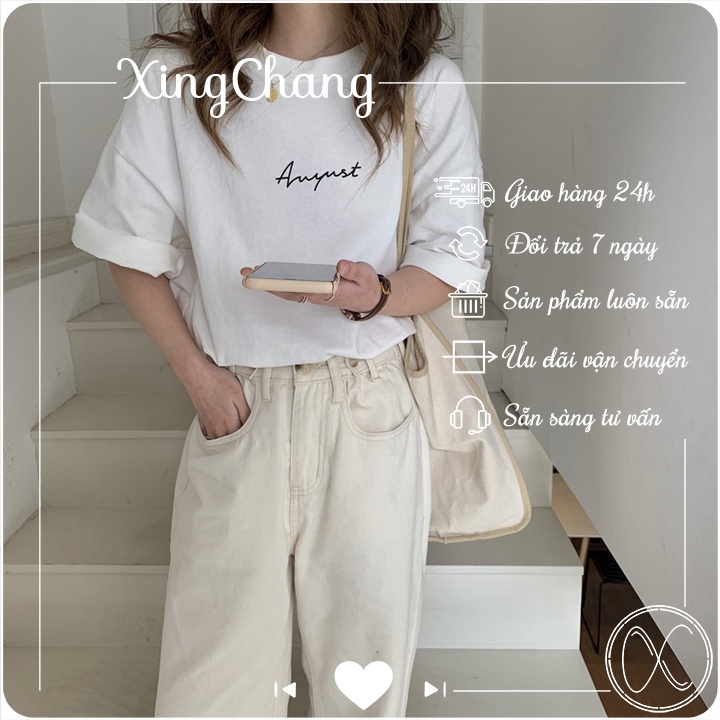 Áo phông nữ hè tay lỡ form rộng, Áo phông kiểu Hàn chất đẹp mặc đi chơi in August mã TL.W29