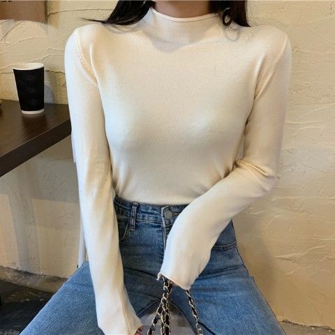 Áo Giữ Nhiệt New Korean Slim Bottoming Long-sleeved Half-high Collar Sweater Women
