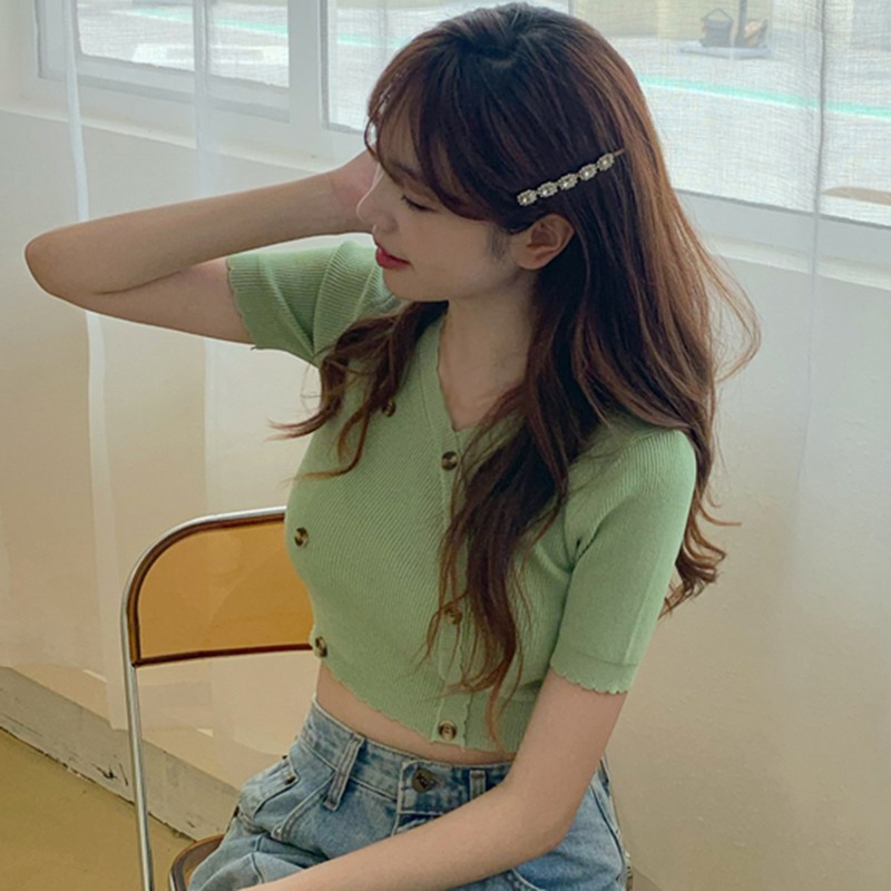 Áo Croptop Dệt Kim Tay Ngắn Cổ Chữ V Màu Trơn Thời Trang Cho Nữ