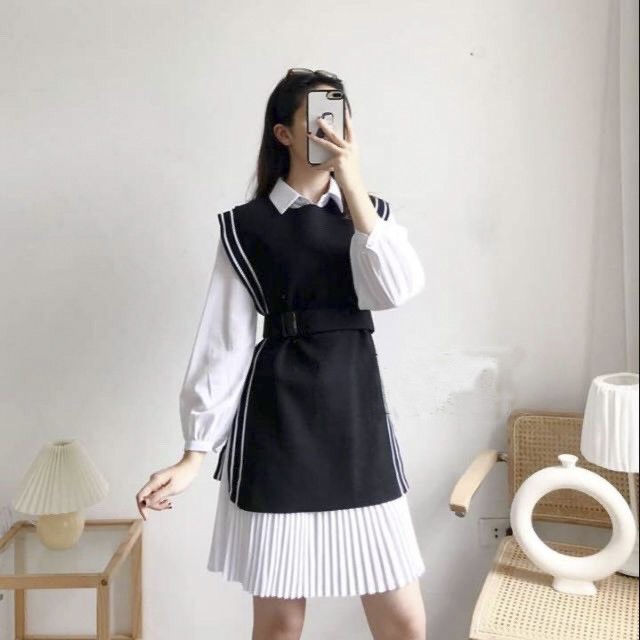 Set váy gile dạ ép