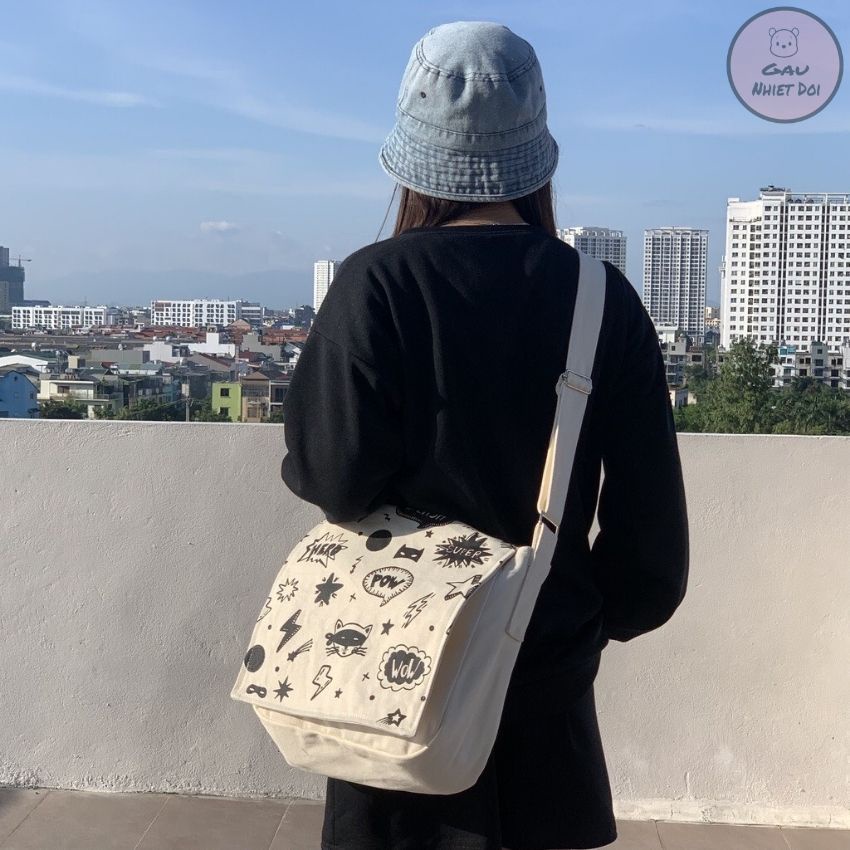 [Gấu Nhiệt Đới] Túi Tote Unisex Vải Canvas In Họa Tiết Full 2 Màu Đen/Trắng Sữa