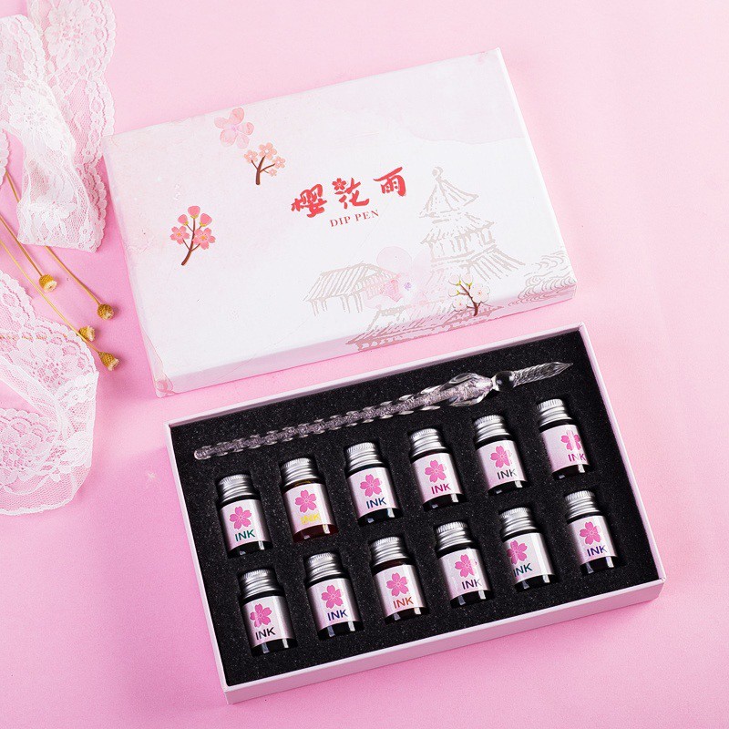 Bộ bút thủy tinh tam sinh tam thế dụng cụ học tiếng trung bút cổ trang Trung Quốc tập luyện viết chữ Hán