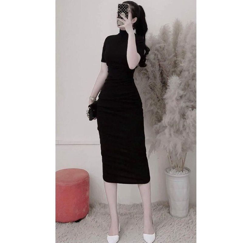 [hot] Đầm cổ lọ nhún eo đẹp chất thun cotton tay ngắn 3 màu DAM14