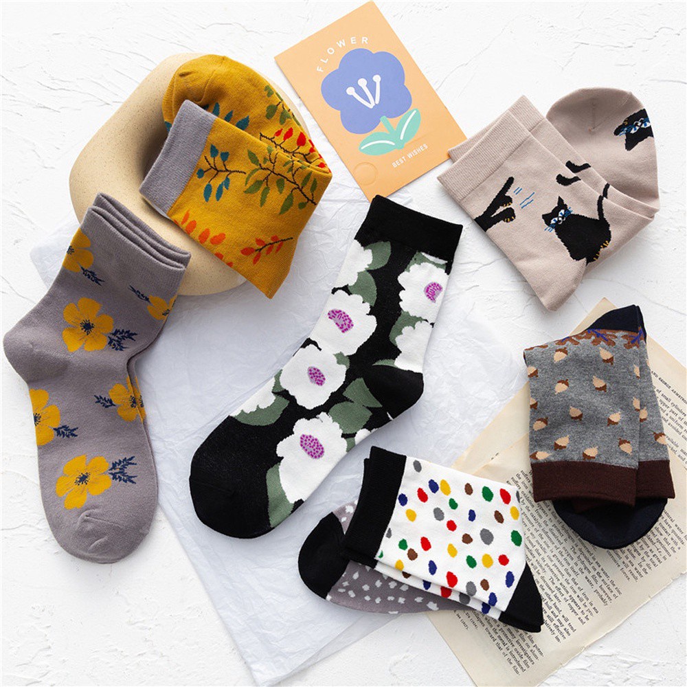 Vớ Cotton Cổ Cao In Họa Tiết Hoa / Mèo Phong Cách Harajuku Cổ Điển Thời Trang Cho Nữ