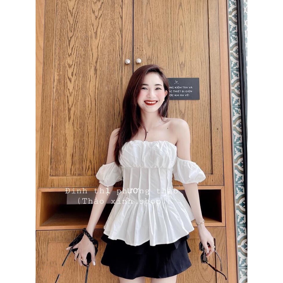 Bộ Áo Trễ Vai Chân Váy Ngắn Tầng 🦋 Set Áo Trắng Bèo Kèm Chân Váy Đen Xòe 2 Tầng 🦋