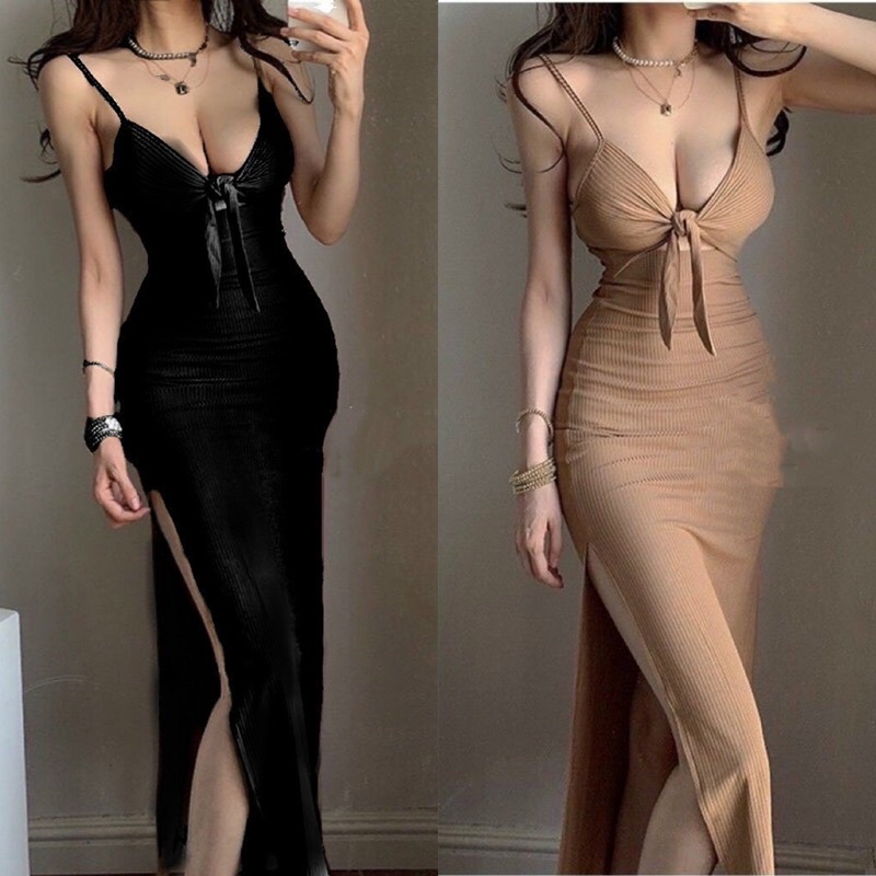 Đầm Hai Dây  Nơ Cột Ngực Dáng Dài Xẻ Tà Ngực Ôm Dáng Phong Cách Âu Mỹ Quyến Rũ Dành Cho Nữ Đi Biển Nghỉ Mát