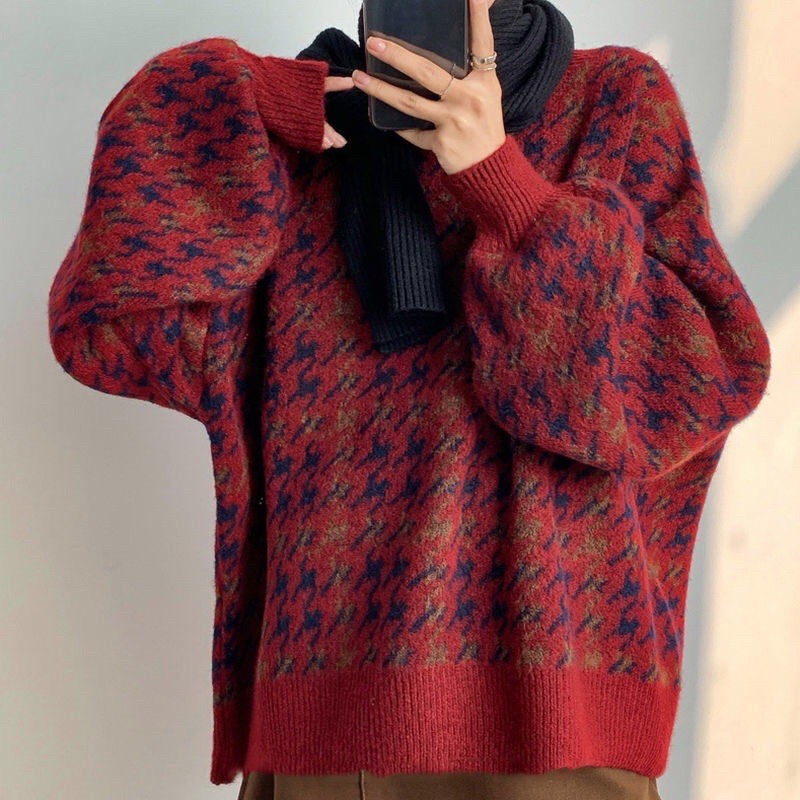 áo len oversize hoạ tiết Houndstooth