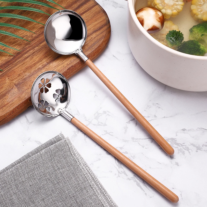 Muỗng Múc Canh Bằng Thép Không Gỉ 304 Có Tay Cầm Bằng Gỗ
