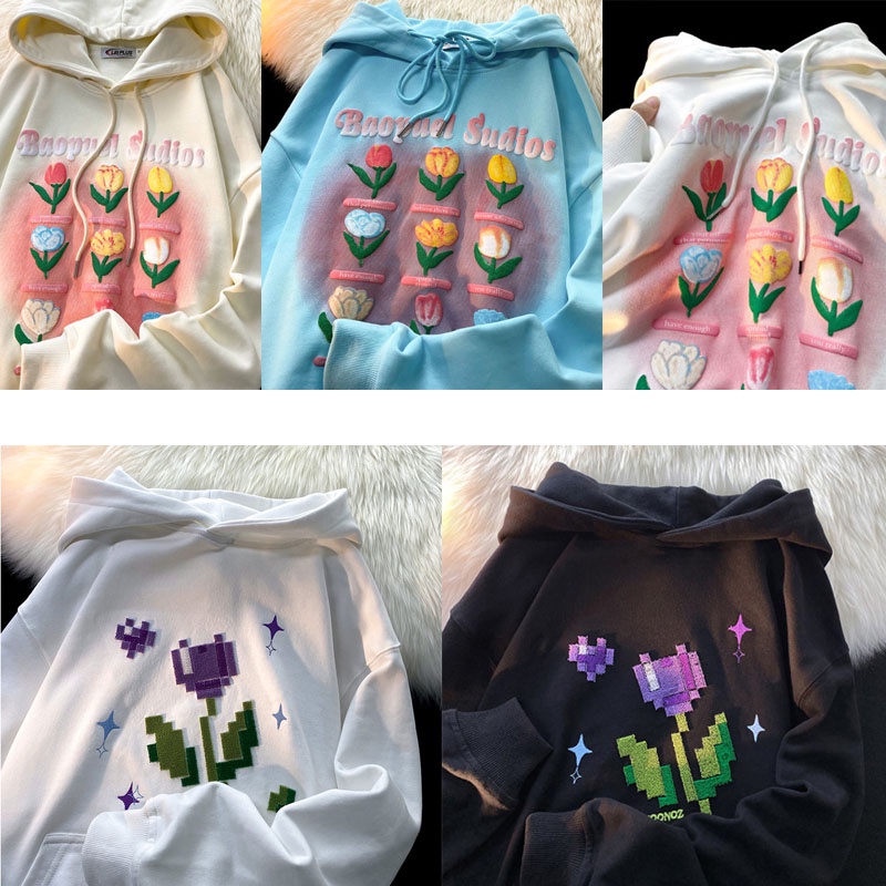 Áo Hoodie Nữ Tay Dài Có In Hình Hoa Tulip Thời Trang Phong Cách Hàn Quốc