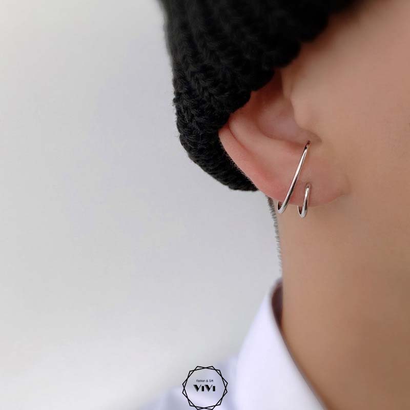 Bông tai bạc nam phong cách chữ C đôi – khuyên tai ViVi_Gift