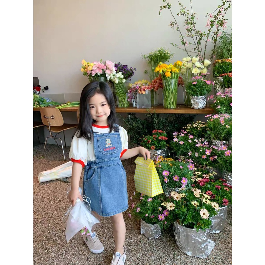 Set Váy yếm Bò Phối Áo Thun Cực Xinh Cho Bé Gái_umeekids