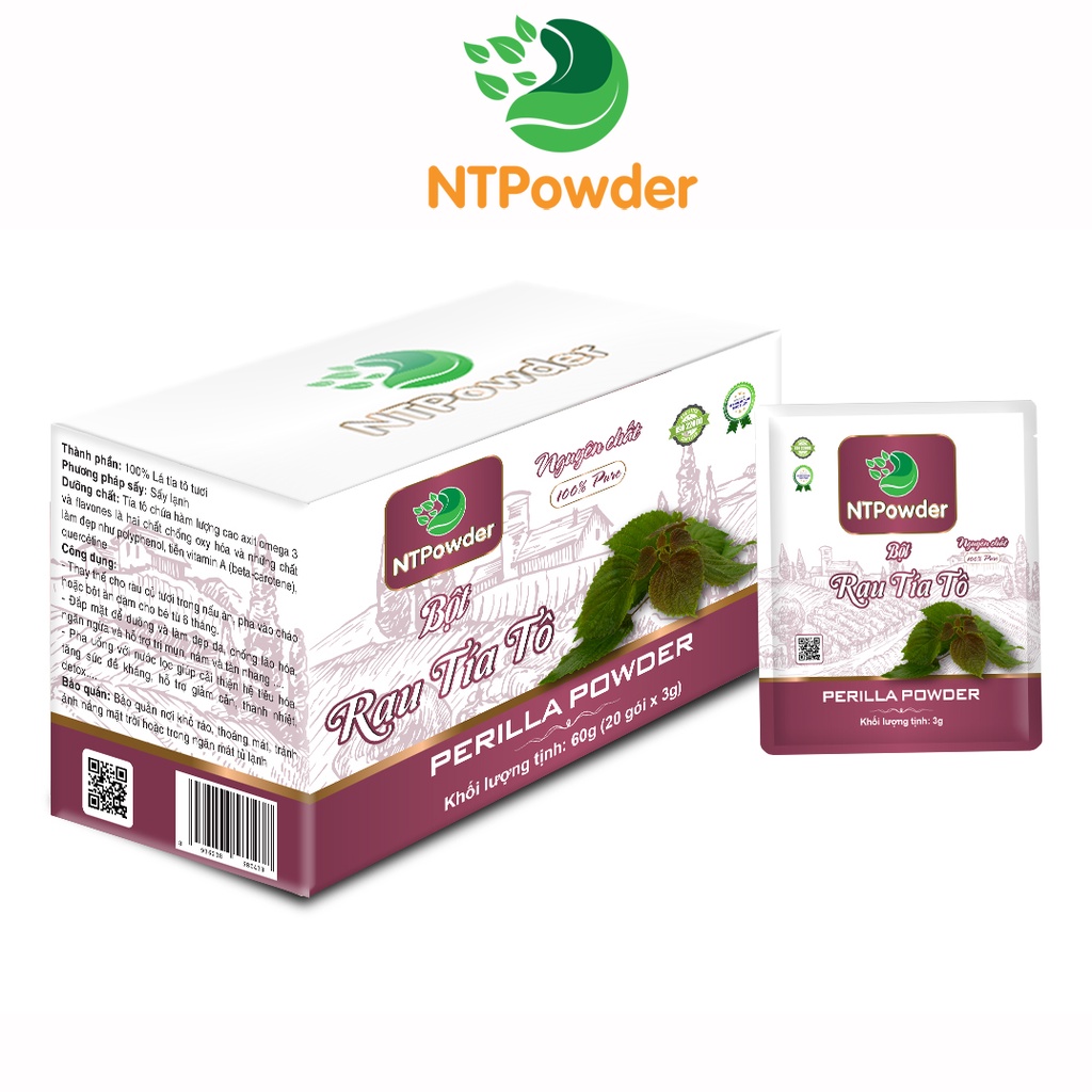 [Hộp 20 gói x 3g] Bột Lá Tía Tô sấy lạnh nguyên chất NTPOWDER 60g - Nhất Tín Food