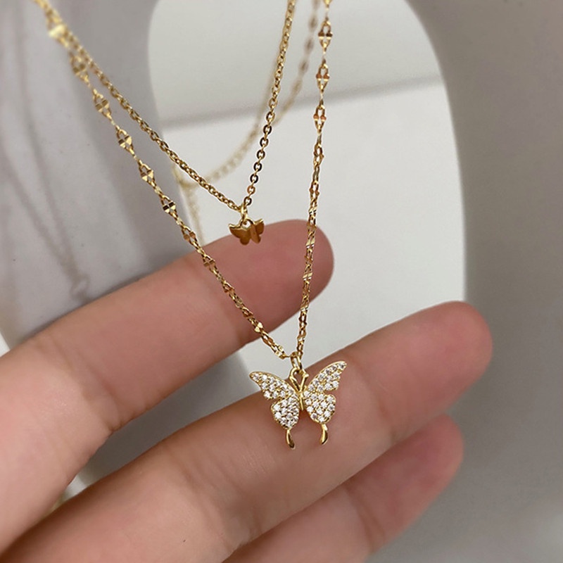 Vòng cổ Hai Lớp Hình Bướm Đính Đá Đơn Giản Thời Trang