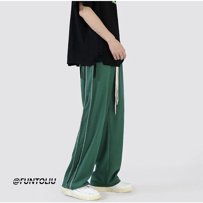 Quần thể thao nam nữ dáng  suông 2 sọc bé-quân ống rộng unisex vải umi dày dặn
