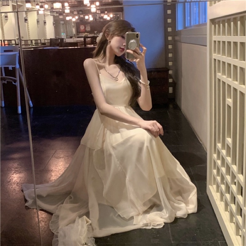 Đầm maxi hai dây viền bèo xòe bồng siêu đẹp, váy maxi hai dây đi biển phong cách Hàn Quốc