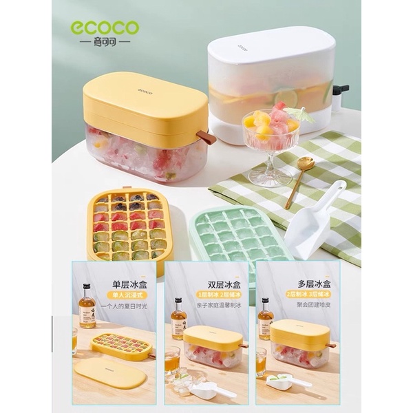 Hộp khay đá có nắp kín ECOCO 1 ngăn và 2 ngăn, tặng kèm xẻng xúc đá tiện dụng