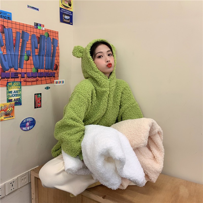 Áo Khoác Lông Cừu Có Mũ Trùm Đầu Tai Thỏ Đáng Yêu Cho Nữ 2020 | BigBuy360 - bigbuy360.vn