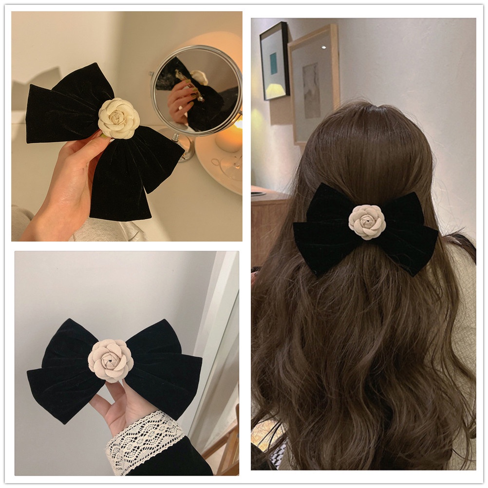 Kẹp tóc nơ bằng nhung màu đen phong cách vintage thời trang