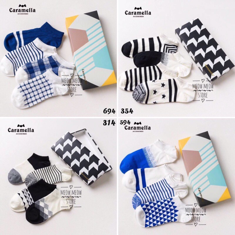 Set 4 đôi vớ nam cao cấp cổ ngắn hãng Caramella chất vải cotton mềm mại thấm hút mồ hôi