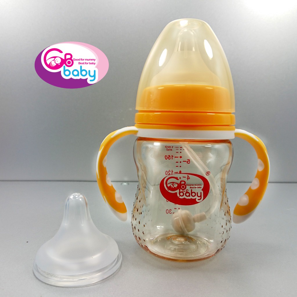 Bình sữa nhựa PPSU cao cấp cổ rộng GB BABY kèm tay cầm và van chống sặc 180ml - Hàn Quốc
