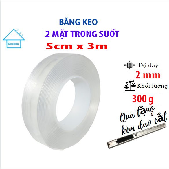 Băng keo 2 mặt trong suốt siêu dính cường lực siêu chắc chịu lực chịu nhiệt (5cm x 3m) DOCONU. [CAM KẾT BẢO HÀNH 1 ĐỔI 1