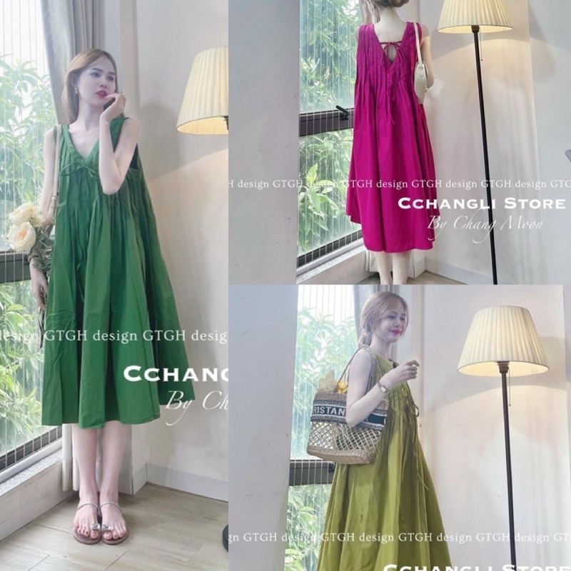 Váy dập li, Đầm xoè đi biển sát nách buộc dây nơ chất thô nến thời trang bốn màu