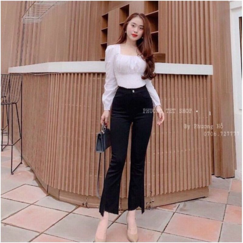 Quần jean loe gấu vạt lệch co dãn