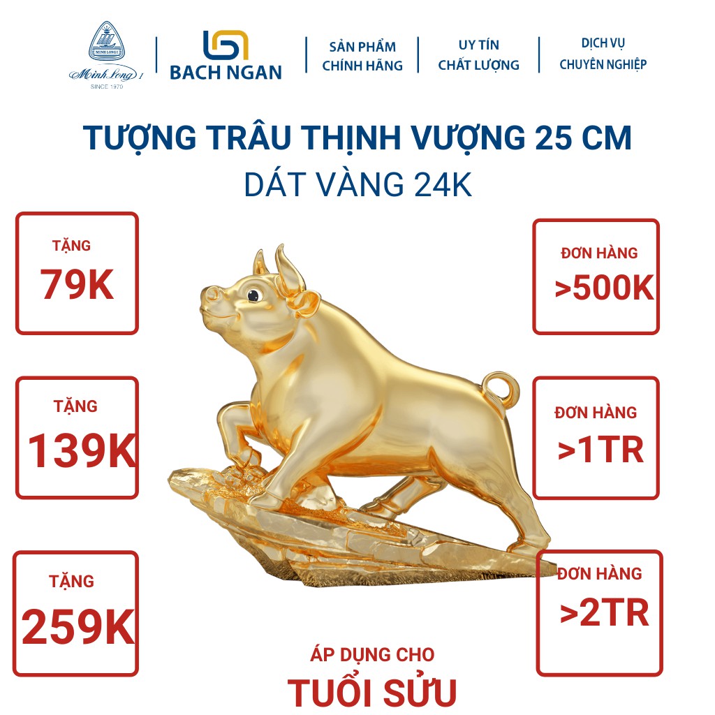 Tượng Trâu Thịnh Vượng nhiều màu  25cm trang trí dát vàng 24k gốm sứ cao cấp Minh Long I