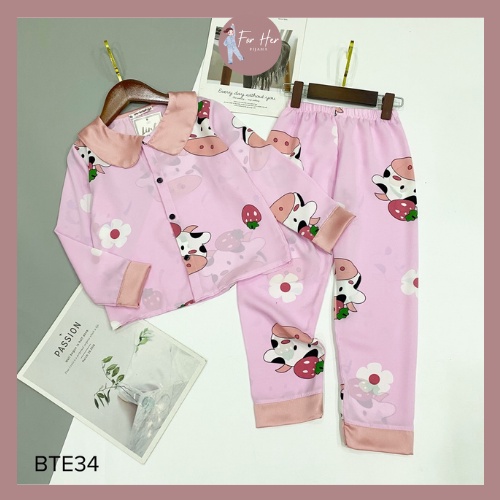 Đồ ngủ pizama cổ sen dài tay cho bé gái vải lụa mango cao cấp pijama cực xinh cho bé từ 10kg - 32kg