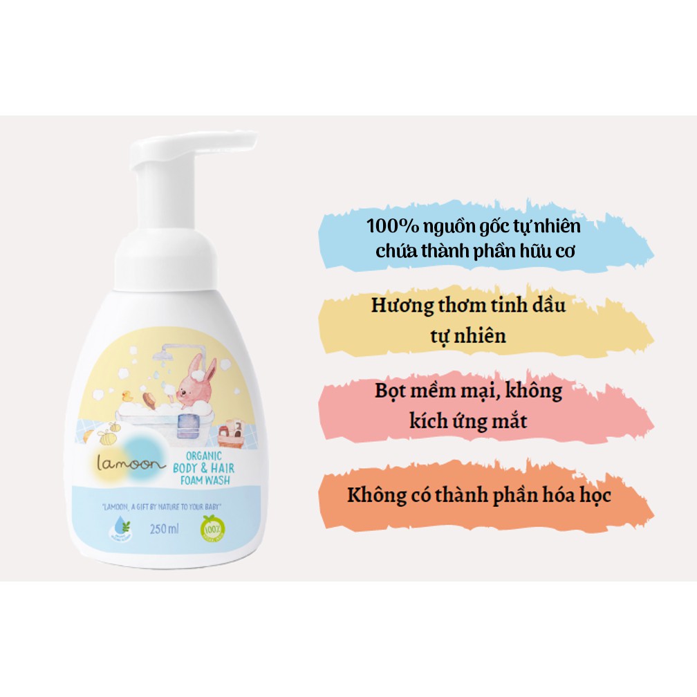 Sữa tắm gội Organic cho bé dạng bọt Lamoon - Bình 250ml