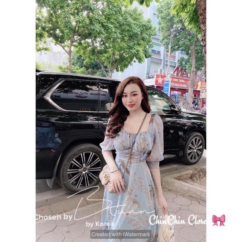 Váy voan hoa xanh tay bồng