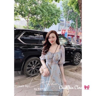 Váy voan hoa xanh 2 lớp cổ xuông cúp ngực