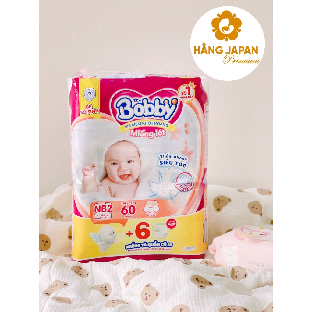 Bỉm Bobby miếng lót Newborn NB1 - 180 miếng/ NB2 - 60 miếng cộng miếng cho bé