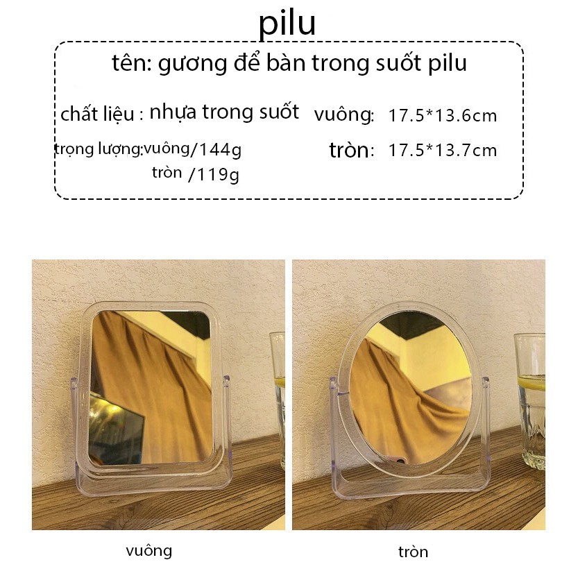 Gương Để Bàn Tặng Sticker pilu soi trang điểm bằng nhựa có chân trong suốt GUONGVPP04