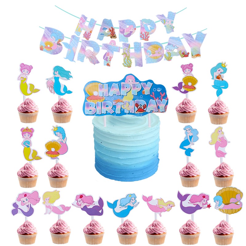 Bộ Dây Banner Trang Trí Sinh Nhật 1 Tuổi Hình Vỏ Sò/Bạch Tiên Cá Dành Cho Bé