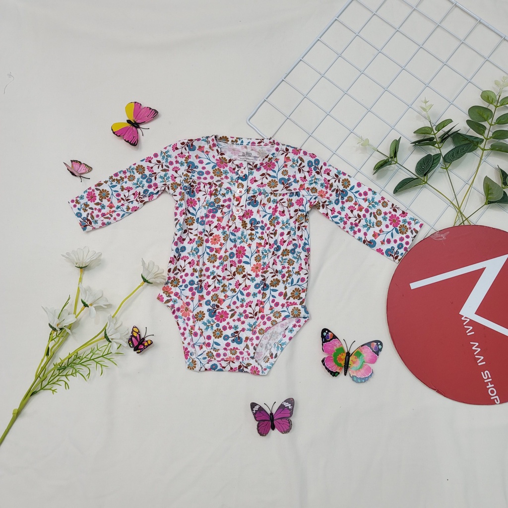 (6-9M chọn màu- Gái) Body chip TAY DÀI xuất dư cổ tròn, cổ đáp vai cho bé gái- Bộ liền thân, BODYSUIT cho bé