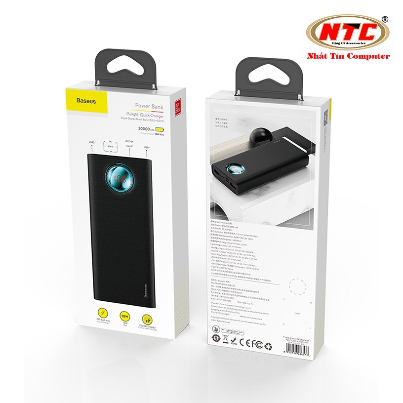 [Mã 33ELSALE hoàn 7% đơn 300K] Pin dự phòng sạc Baseus BS-20KP203 Mulight 20000mAh hỗ trợ PD 18W và QC 3.0/2.0