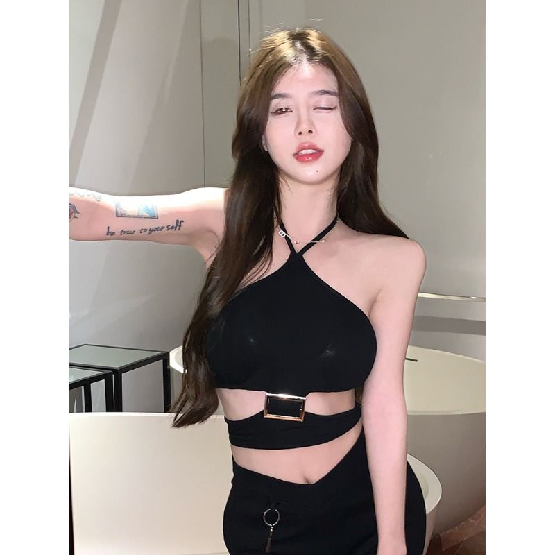 Jiashucheng Áo Crop Top Hai Dây Dáng Ngắn Phối Khóa Kim Loại Lưng Cao Gợi Cảm Cho Nữ