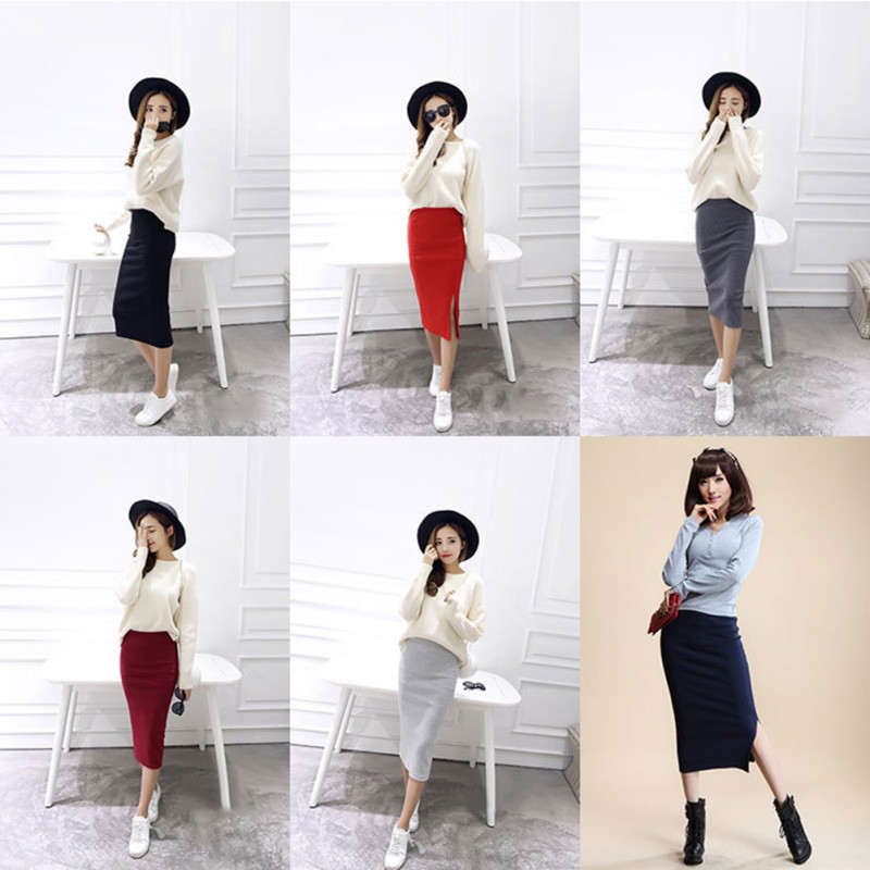 [Baywellfashion]Chân váy bút chì bằng cotton dáng dài ôm sát xẻ tà màu trơn đơn giản cho nữ