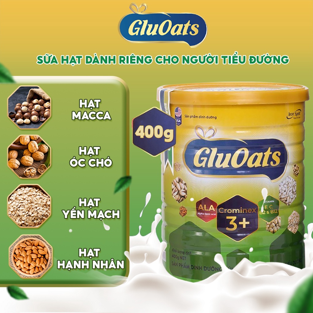 GluOats Sữa Hạt Cho Người Tiểu Đường, Sữa Hạt Dành Riêng Cho Người Tiểu Đường Việt Nam, Lon Sắt 400g