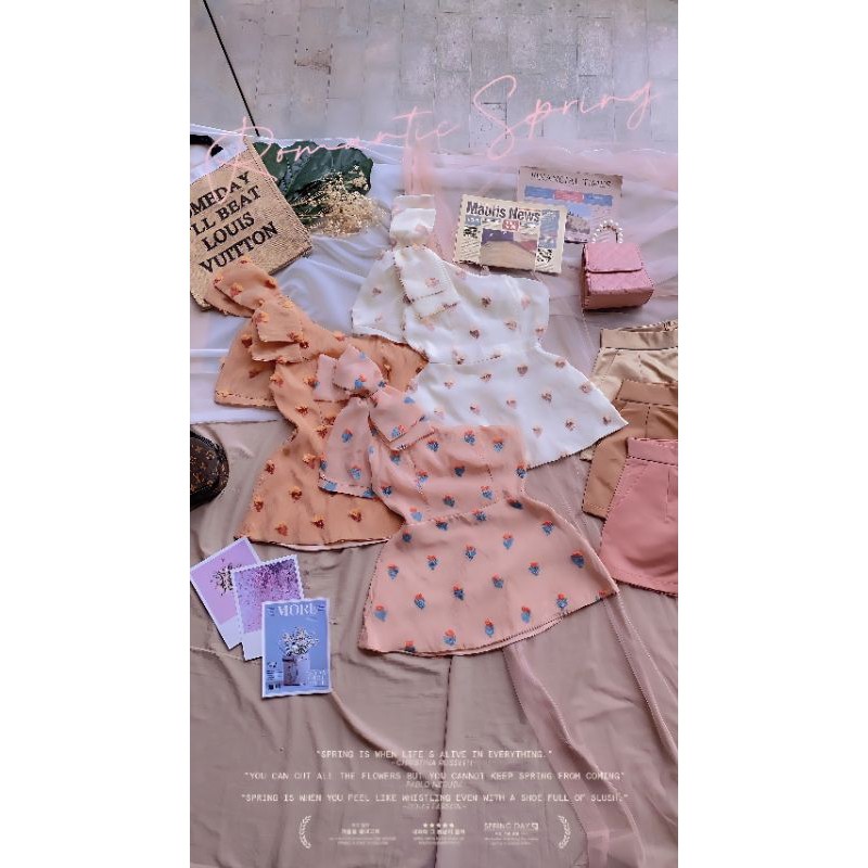 Set áo lệch nơ vai bông gòn + short tafta.
