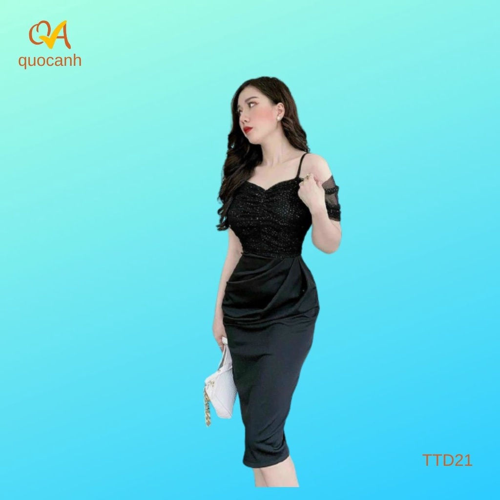 Váy đầm nữ thời trang dạo phố, công sở body, form chuẩn dáng, tay trễ vai, đầm nhún, phối lưới có kim tuyến